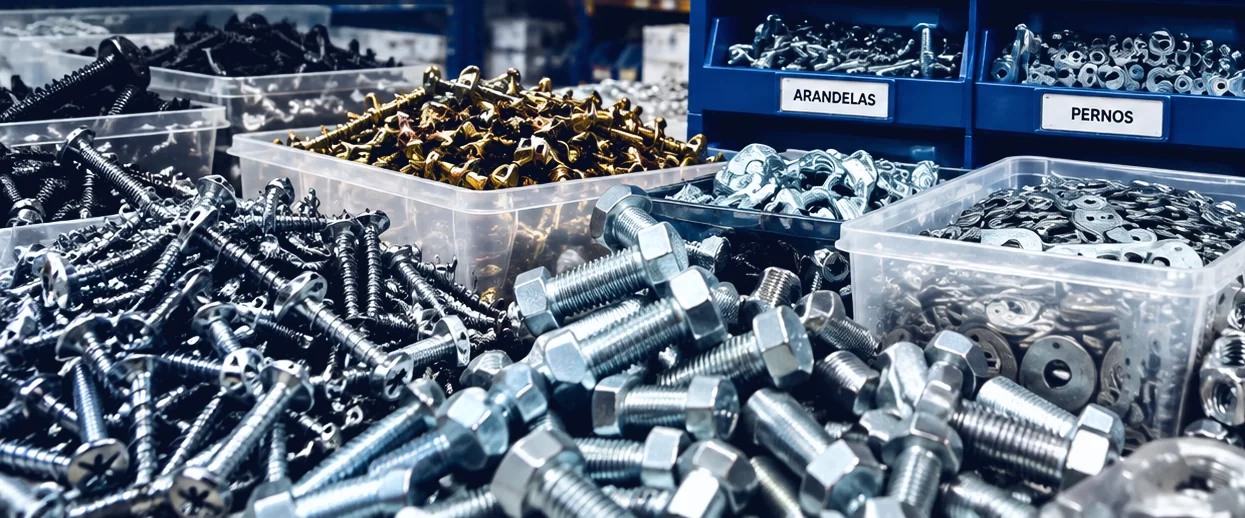 Pernos, tornillos y arandelas en cajones de almacén